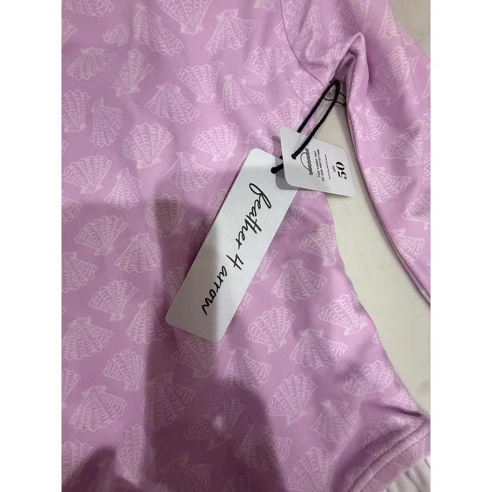 Feather 4 Arrow Girls 4T Pink Seashell Long Sleeve Rash Guard Swimsuit UPF 50+